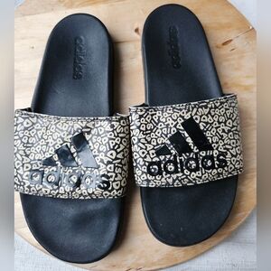 Adidas Black and Gold Patterned Slides